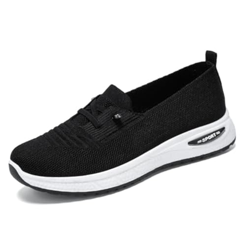 Slip-On-Sneaker für Damen, atmungsaktiv, Netzgewebe, gewebt, niedrig, leicht, breite Breite, rutschfeste Schuhe, Schwarz, 39.5 EU von QLPOU