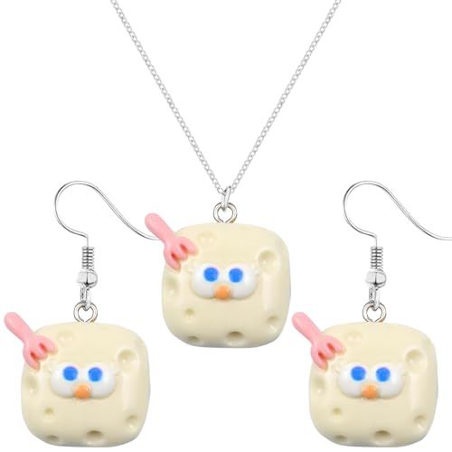 QLUYCKW 3D Simulierte Lebensmittel Käse Ohrringe Anhänger Halskette Anzug für Frauen Niedlich Lustig Acryl Gelb Keks Käsekuchen Leichte Baumeln Ohrringe Schmuckset Geschenke für Geburtstagsfeier von QLUYCKW