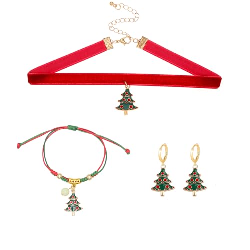 QLUYCKW Weihnachts-Halskette, Ohrringe, Armband-Set für Damen, zierlicher roter Samt, Weihnachtsbaum, Schneeflocken-Anhänger, Halskette, niedlich, rot-grünes, geflochtenes Schneeflocken-Armband von QLUYCKW