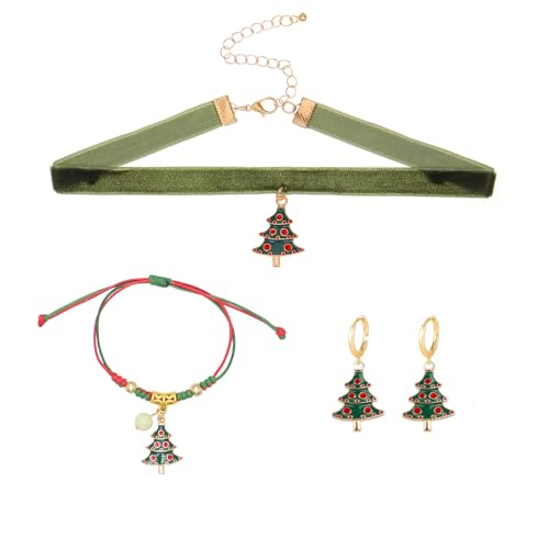 QLUYCKW Weihnachts-Halskette, Ohrringe, Armband-Set für Damen, zierlicher roter Samt, Weihnachtsbaum, Schneeflocken-Anhänger, Halskette, niedlich, rot-grünes, geflochtenes Schneeflocken-Armband von QLUYCKW