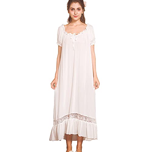QLX Damen Nachthemd Baumwolle mit Spitze Dekoration Nachtkleid viktorianischer Stil Nachtwäsche, Weiß, XL von Flwydran