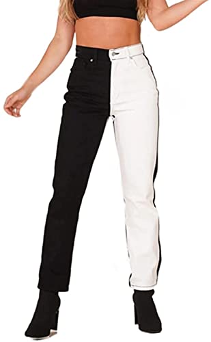 QLXYYFC Damen Freizeithose Jeans, Zweifarbige Nähte, Dehnbare, Dünne Jeanshose Mit Hoher Boyfriend Hose Mit Dekorativen Schmuckknöpfen| Mid Rise Pocket Denim Hose (Color : Noir, Size : S) von QLXYYFC