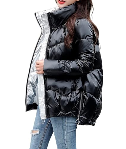 QLXYYFC Damen Puffer Jacke Einfarbige Winterjacke Warm Stehkragen Übergangsjacke Glänzend Daunenjacke Kurz Geschnitten Wattierte Steppjacke Jacke (Color : Noir, Size : XL) von QLXYYFC
