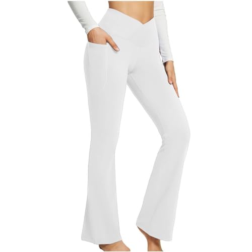 QLXYYFC Damen Schlaghose Yogahose Lang Yoga Hosen Wide Leg Freizeithose High Waist Jazzpants Tanz Flared Leggings (Color : White, Size : S) von QLXYYFC