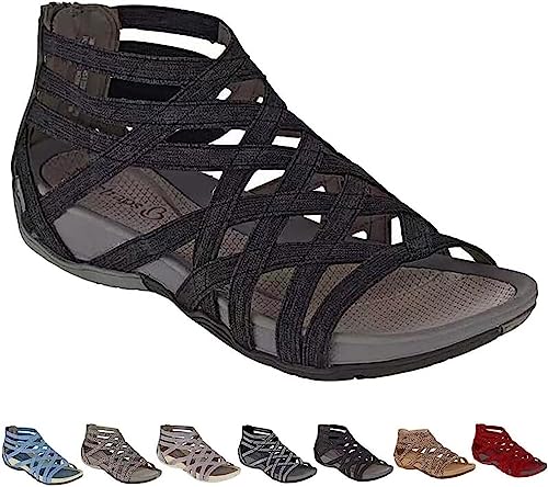 QLXYYFC Hohle römische Gladiator-Sandalen mit runder Zehenpartie, Damen-Sommersandalen mit Bandage-Design, Damen-Sommer-Strand-flache Spitze-offene Zehenschuhe (Color : Noir, Size : 38EU) von QLXYYFC