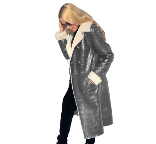QLXYYFC Ledermantel für Damen Trenchcoats mit Knöpfen, Lange -Pu-Lederjacken Winter Parka Weiches Innenmaterial (Color : Grey, Size : XL) von QLXYYFC