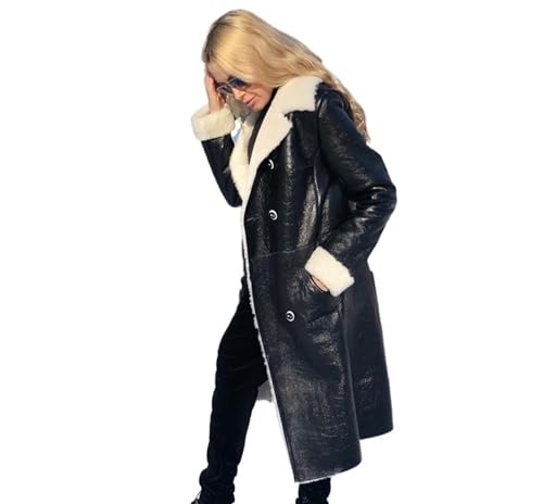 QLXYYFC Ledermantel für Damen Trenchcoats mit Knöpfen, Lange -Pu-Lederjacken Winter Parka Weiches Innenmaterial (Color : Noir, Size : L) von QLXYYFC