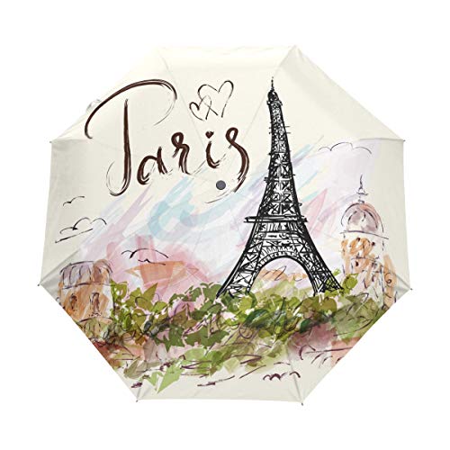 QMIN Auto Faltschirm Vintage Frankreich Paris Eiffelturm Winddicht Anti-UV Schutz Reise Kompakt Regenschirm für Damen Herren Mädchen von QMIN