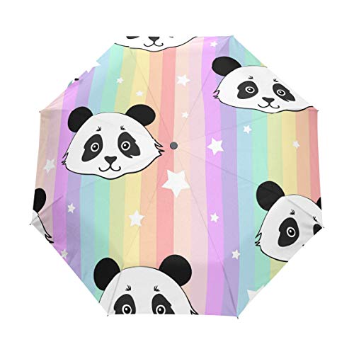 QMIN Automatischer faltbarer Regenschirm, Regenbogen Streifen, Panda, Tier, Stern, winddicht, UV-Schutz, Reisen, kompakter Regenschirm für Damen, Herren, Mädchen von QMIN