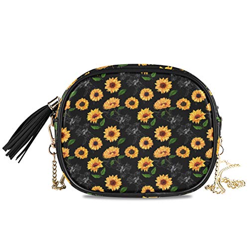 QMIN Crossbody Tasche Sommer Sonnenblume Muster Druck Kleine Handtasche Geldbörse PU Leder Schulter Brieftasche Organizer mit Kette Riemen Quasten für Frauen Mädchen Damen von QMIN