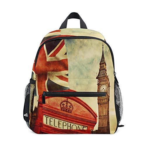 QMIN Kinder Rucksack Vintage London Big Ben UK Flagge, kleine Kleinkind Vorschul-Schultertasche Reise Elementar-Kindergarten Schultaschen für Mädchen Jungen Kinder von QMIN