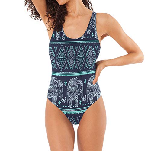 QMIN Tribal Indian Elefant Tier Badeanzüge Einteiler Bademode Sexy Bikini Badeanzug Tankini für Frauen Mädchen Damen Gr. L, mehrfarbig von QMIN