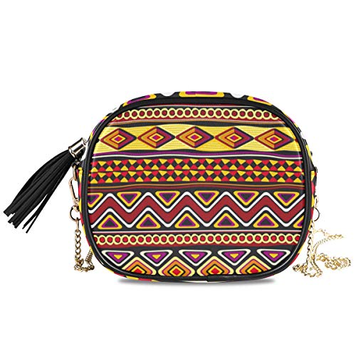 Umhängetasche Vintage afrikanischer geometrischer Druck, kleine Handtasche Geldbörse, PU-Leder Schultertasche Organizer mit Kettenriemen Quasten für Frauen Mädchen Damen, multi von QMIN