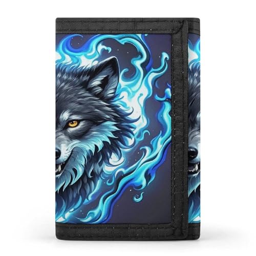 Geldbörse mit Wolfskopf in blauen Flammen, lässig, Kreditkartenhalter, Premium-Dokumenten-Organizer, Etui für Damen und Herren von QMKFWT