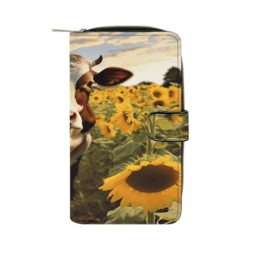 Kuh in Sonnenblumen Leder Geldbörse lang Scheckbuch Geldbörsen Klassisch Bifold Damen Clutch mit Ausweisfenster von QMKFWT