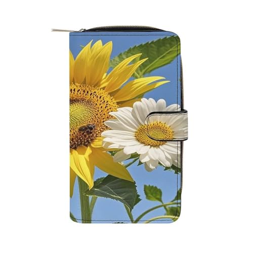 QMKFWT Bees Sunflowers Daisy Rose Flowers Leather Wallet Long Checkbook Wallets Classic Bifold Ladies Clutch with ID Window von QMKFWT
