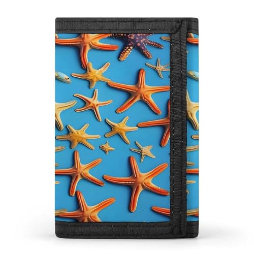 QMKFWT Blauer Hintergrund mit vielen Seesternen, lässige Brieftasche, Kreditkartenhalter, Premium-Dokumenten-Organizer, Etui für Damen und Herren von QMKFWT