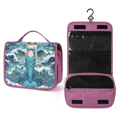 QMKFWT Blue Waves Squama Kosmetiktasche mit Meerjungfrauen-Schuppen, wasserdicht, Make-up-Tasche mit Haken zum Aufhängen, Kosmetiktasche für Damen, Reiseutensilien von QMKFWT