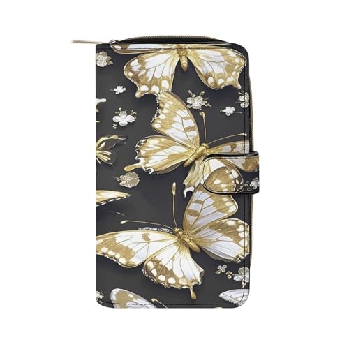 QMKFWT Goldfarbene weiße Schmetterlinge schwarze Ledergeldbörse lange Scheckbuchgeldbörsen klassische zweifache Damen-Clutch mit Ausweisfenster von QMKFWT