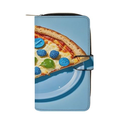 QMKFWT Hellblaue Pizzascheibe Ledergeldbörse lange Scheckbuch-Geldbörsen klassische faltbare Damen-Clutch mit Ausweisfenster von QMKFWT