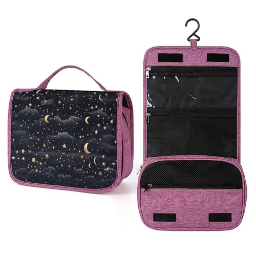QMKFWT Kulturbeutel mit Sternen und Mond auf dunklem Hintergrund, wasserdicht, Make-up-Tasche mit Haken zum Aufhängen, Kosmetiktasche für Damen, Reiseutensilien von QMKFWT