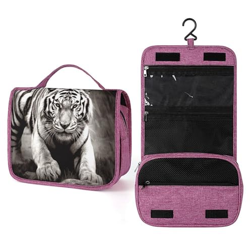 QMKFWT Kulturbeutel mit Tiger-Motiv, wasserdicht, Make-up-Tasche mit Haken zum Aufhängen, Kosmetiktasche für Damen, Reiseutensilien, Schwarz und Weiß von QMKFWT