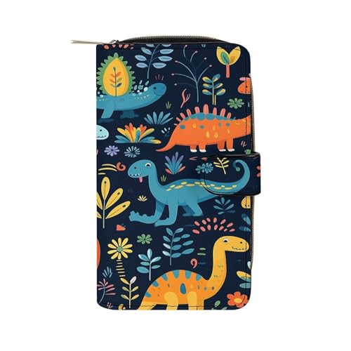 QMKFWT Lebendige Dinosaurier-Ledergeldbörse, lang, Scheckbuch-Geldbörse, klassisch, faltbar, mit Ausweisfenster von QMKFWT