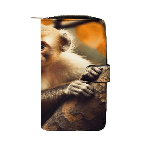 QMKFWT Monkey on Tree Ledergeldbörse, lang, Scheckbuch-Geldbörse, klassisch, faltbar, mit Ausweisfenster von QMKFWT