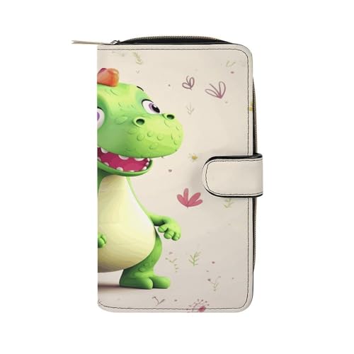 QMKFWT Niedliche Dinosaurier-Ledergeldbörse, lang, Scheckbuch-Geldbörse, klassisch, faltbar, mit Ausweisfenster von QMKFWT