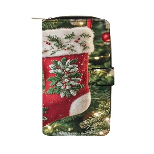 QMKFWT Weihnachtsstrumpf Ledergeldbörse lang Scheckbuch Geldbörsen Klassisch Bifold Damen Clutch mit Ausweisfenster von QMKFWT