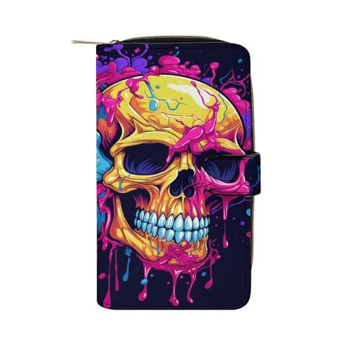 QMKFWT Zwei verschiedene Totenköpfe Ledergeldbörse lange Scheckbuchgeldbörsen klassische Bifold Damen Clutch mit Ausweisfenster von QMKFWT