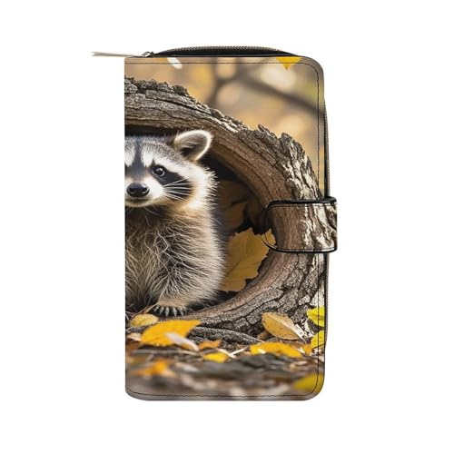Raccoon in The Fall Tree Hole Leather Wallet Long Checkbook Wallets Classic Bifold Ladies Clutch with ID Window von QMKFWT