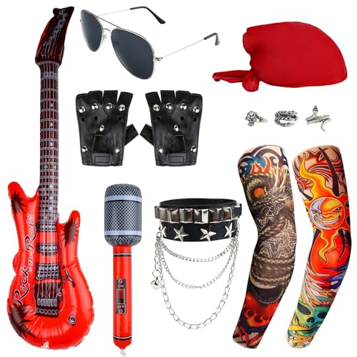QMLING 11 Stück Rocker Kostüm Zubehör Set, Punk Gotik Rocker Kit, Punker Rockstar Kostüm Herren Damen Kinder mit Ringen Brille Handschuhen Tattoo Ärmel Bandana Armband Aufblasbare Mikrofongitarre von QMLING