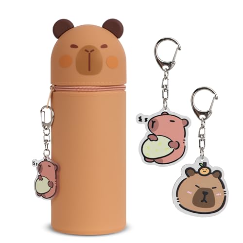 QMLING Kawaii Federmäppchen, 2-in-1 Weiche Capybara Silikontasche, Tier Stifthalter mit Capybara Schlüsselanhänger, Cartoon Federmäppchen, Mäppchen Mädchen Junge von QMLING