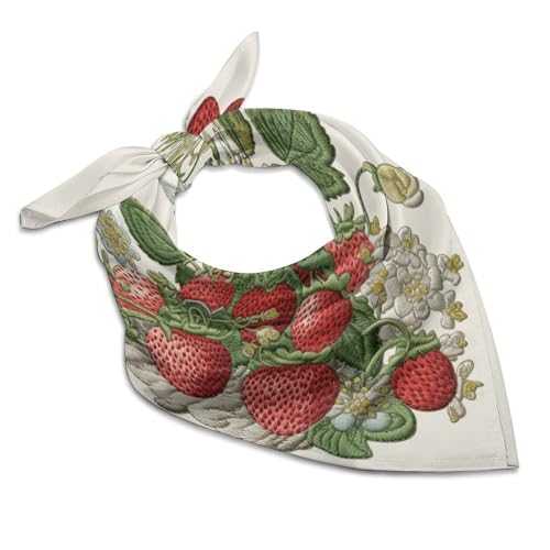 Kopftuch mit Erdbeer-Stickerei, 45,7 cm, quadratisch, leichter Seidenschal für Damen, weicher Satin-Kopftuch, großes Halstuch, modische Bandanas, Seide, Stirnband, Halstuch, Satin-Schals für Tasche von QMNBTES