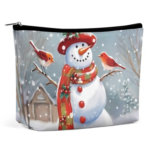 Kosmetiktasche mit Weihnachtsmotiv, Motiv: Schneemann und Vögel, große Kulturbeutel für Damen, wasserdichte Kosmetiktasche für Geldbörse, tragbar, Make-up-Tasche, niedlicher Reißverschluss von QMNBTES