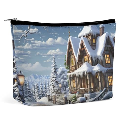 Kulturbeutel für Damen, Weihnachten, Winter, fröhliche Szene, große Kulturbeutel für Damen, wasserdichte Kosmetiktasche für Geldbörse, tragbar, Make-up-Tasche, niedlicher Reißverschluss von QMNBTES
