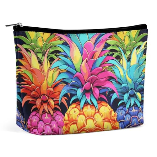 QMNBTES Bunte Ananas-Reise-Make-up-Tasche, große Kulturtasche für Damen, wasserdichte Kosmetiktasche für Geldbörse, tragbarer Make-up-Organizer, niedliche Reißverschlusstasche, Kosmetiktasche, lustige von QMNBTES