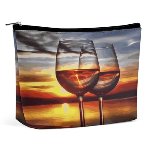 QMNBTES Kosmetiktasche für Damen, Motiv: Sonnenuntergang, Weinglas, groß, wasserdicht, Kosmetiktasche für Geldbörse, tragbar, Make-up-Tasche, niedlicher Reißverschluss, Kosmetiktasche, lustige von QMNBTES