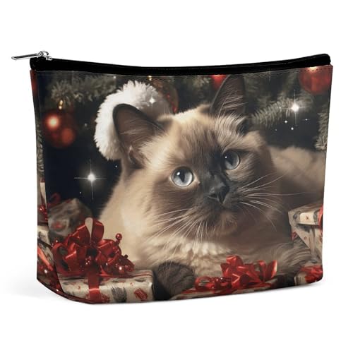 QMNBTES Kosmetiktasche mit weihnachtlicher siamesischer Katze, große Kulturbeutel für Damen, wasserdichte Kosmetiktasche für Geldbörse, tragbare Make-up-Organizer, niedliche Reißverschlusstasche von QMNBTES