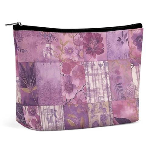 QMNBTES Kulturbeutel mit violetten Blumen für Collage, Reisen, große Kulturbeutel für Damen, wasserdichte Kosmetiktasche für Geldbörse, tragbar, Make-up-Organizer, niedliche Reißverschlusstasche von QMNBTES