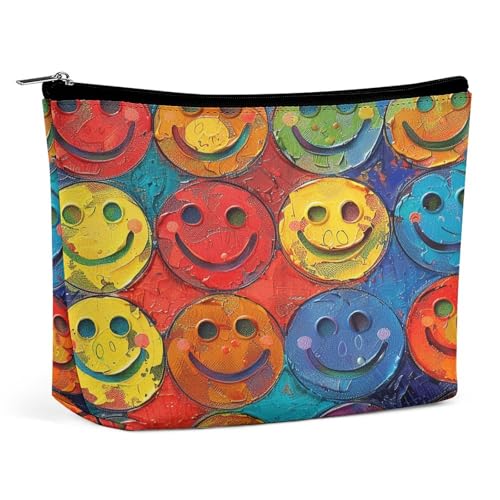 QMNBTES Make-up-Tasche mit buntem Smiley-Gesicht, große Kulturtasche für Damen, wasserdichte Kosmetiktasche für Geldbörse, tragbarer Make-up-Organizer, niedliche Reißverschlusstasche, Kosmetiktasche von QMNBTES