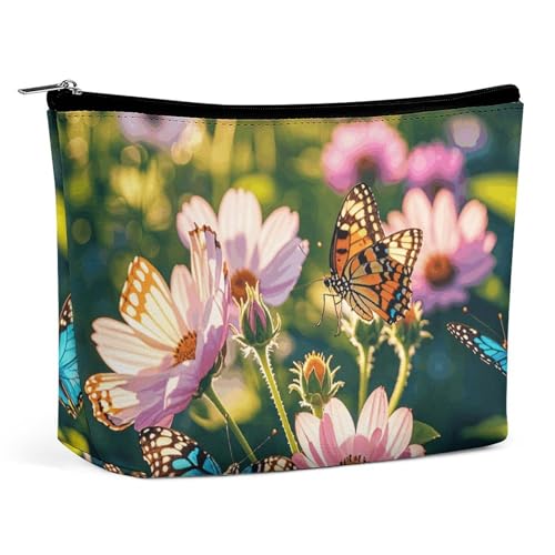 QMNBTES Reise-Make-up-Tasche, Motiv: Schmetterlinge und Blüten, große Kulturbeutel für Damen, wasserdichte Kosmetiktasche für Geldbörse, tragbar, Make-up-Organizer, niedliche Reißverschlusstasche von QMNBTES