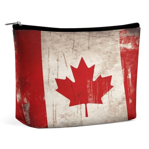 QMNBTES Reise-Make-up-Tasche im Retro-Stil mit Kanada-Flagge, große Kulturtasche für Damen, wasserdichte Kosmetiktasche für Geldbörse, tragbare Make-up-Organizer, niedliche Reißverschlusstasche von QMNBTES