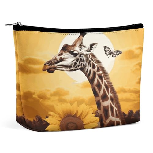 QMNBTES Reise-Make-up-Tasche mit Giraffen- und Sonnenblumen-Motiv, große Kulturbeutel für Damen, wasserdichte Kosmetiktasche für Geldbörse, tragbare Make-up-Organizer, niedliche Reißverschlusstasche von QMNBTES