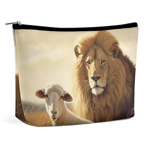 QMNBTES Reise-Make-up-Tasche mit Löwen-Schaf-Motiv, große Kulturtasche für Damen, wasserdichte Kosmetiktasche für Geldbörse, tragbare Make-up-Organizer, niedliche Reißverschlusstasche, Kosmetiktasche von QMNBTES