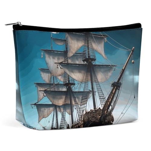 QMNBTES Reise-Make-up-Tasche mit Piratenschiff, große Kulturbeutel für Damen, wasserdichte Kosmetiktasche für Geldbörse, tragbare Make-up-Organizer, niedliche Reißverschlusstasche, Kosmetiktasche von QMNBTES