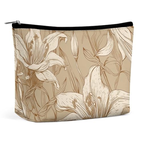 QMNBTES Reise-Make-up-Tasche mit beiger Linienzeichnung, große Kulturtasche für Damen, wasserdichte Kosmetiktasche für Geldbörse, tragbare Make-up-Organizer, niedliche Reißverschlusstasche von QMNBTES