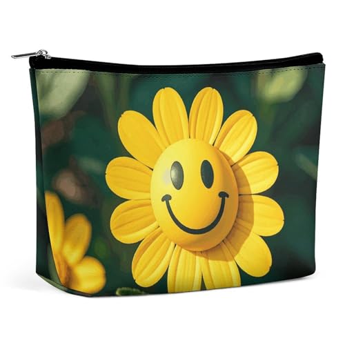 QMNBTES Reise-Make-up-Tasche mit gelbem Smiley-Blumenmotiv, große Kulturtasche für Damen, wasserdichte Kosmetiktasche für Geldbörse, tragbarer Make-up-Organizer, niedliche Reißverschlusstasche von QMNBTES