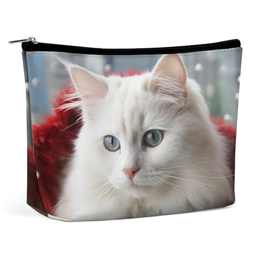 QMNBTES Reise-Make-up-Tasche mit niedlicher weißer Katze, große Kulturtasche für Damen, wasserdichte Kosmetiktasche für Geldbörse, tragbare Make-up-Organizer-Taschen, niedliche Reißverschlusstasche von QMNBTES